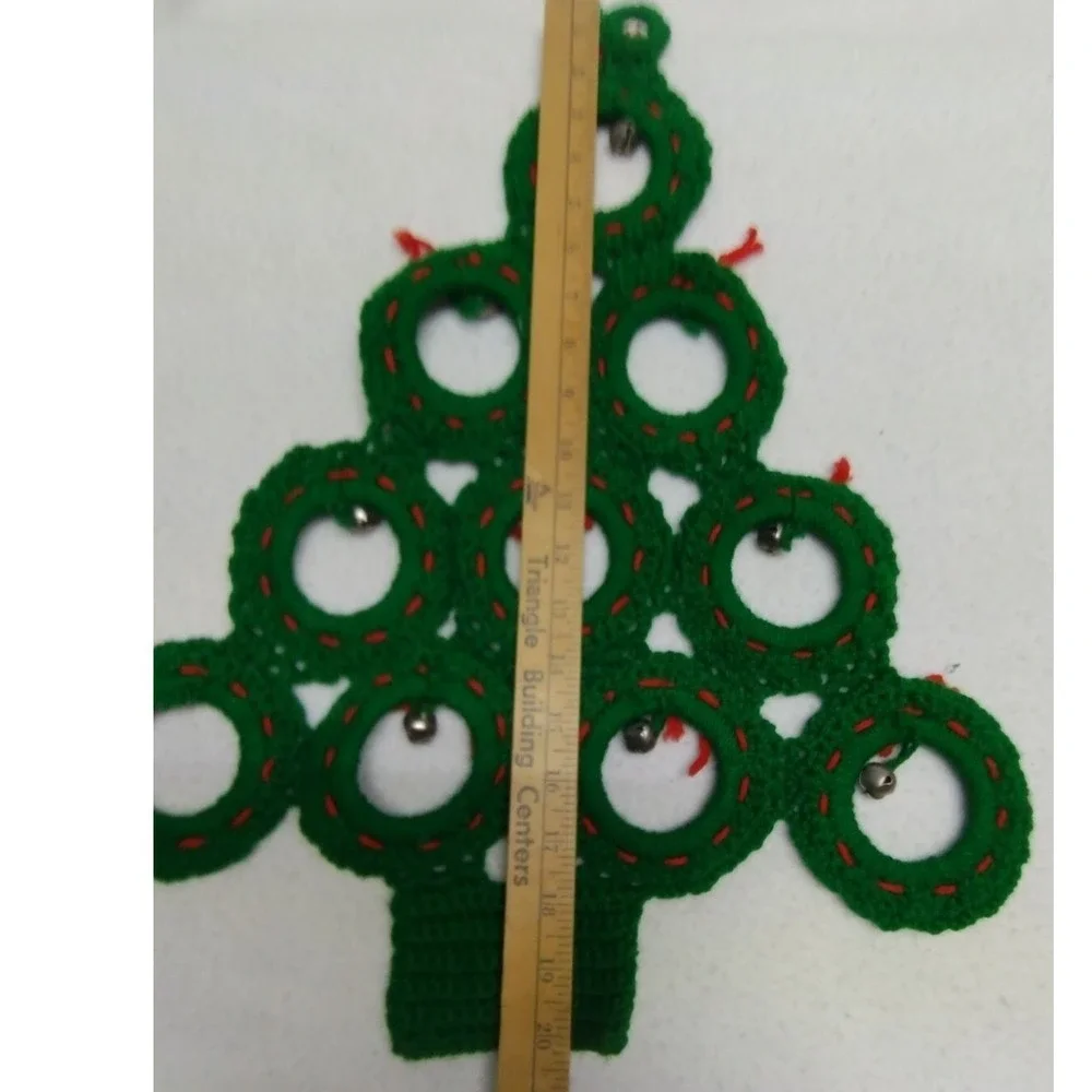 Handmade‎ Crocheted Green Christmas Tree Wreath Ornament Bells Red Accents